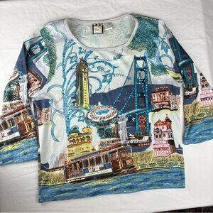 Take Two Clothing San Francisco Shirt Sz 1X Travel Embellished All Over Print